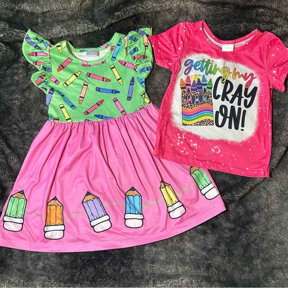 Colorful Crayon Print Dress and T-Shirt Set